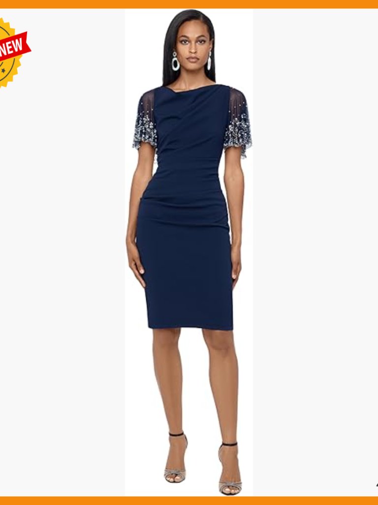 Petite Knee-Length Cocktail Dress With Embellished Sleeves, Fitted Silhouette